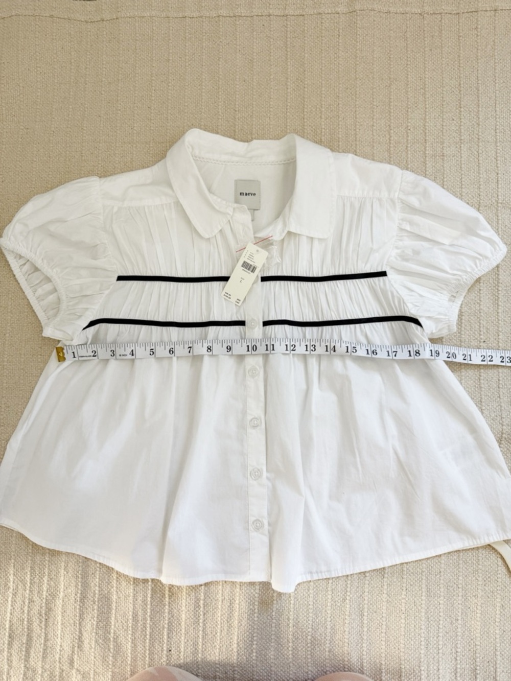Anthropologie Maeve White Cap Sleeve Shirred Yoke Blouse - Picture 6 of 8